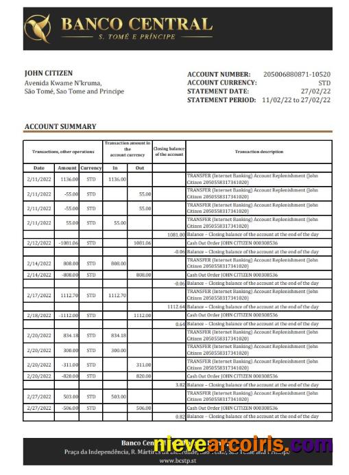 Sao Tome And Principe Banco Central De S.Tome E Principe Bank Statement Template