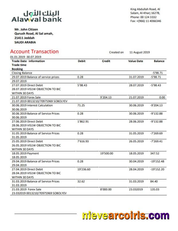 Saudi Arabia Alawwal Bank Statement Template