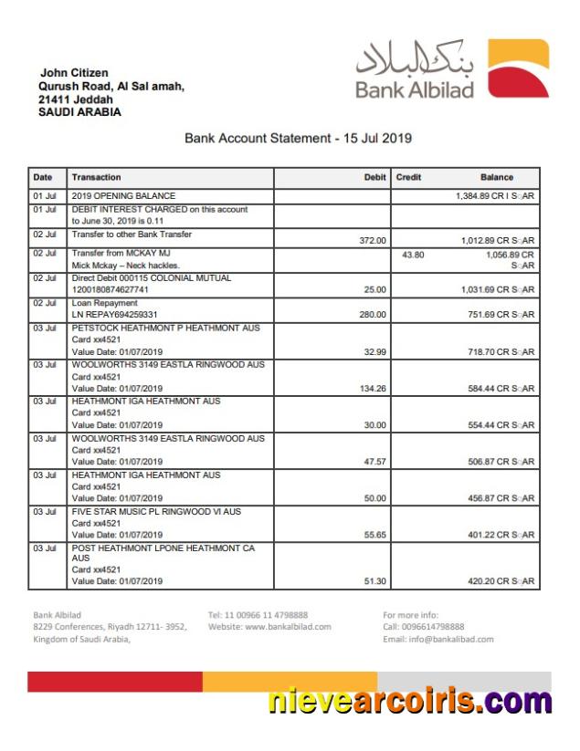 Professional Saudi Arabia Bank Albilad Bank Statement Template In Word And PDF Format