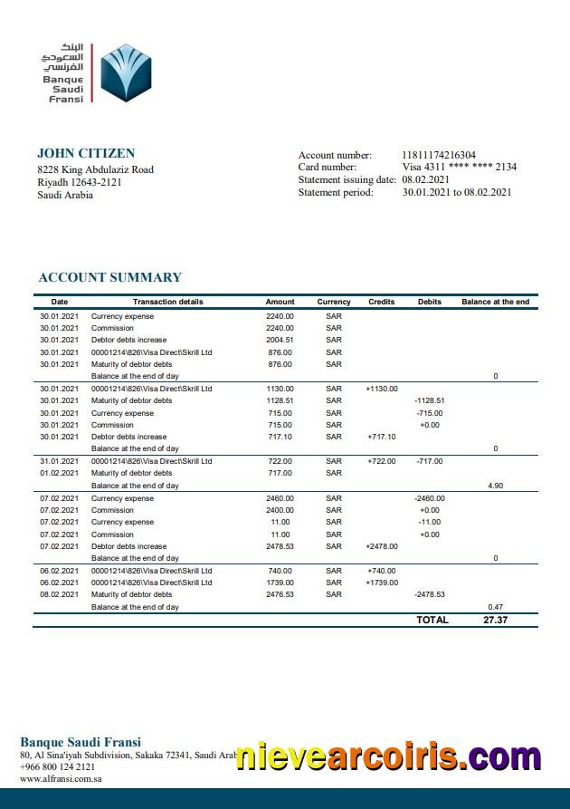 Editable Saudi Arabia Banque Saudi Fransi Bank Statement Template In Word And PDF Format, Good For Address Prove