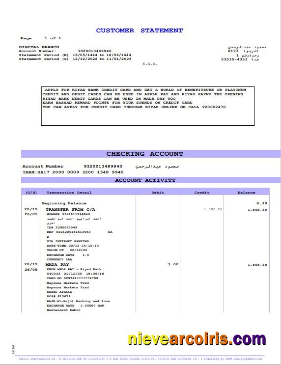 Saudi Arabia Riyad Bank Statement Word And PDF Example Sample