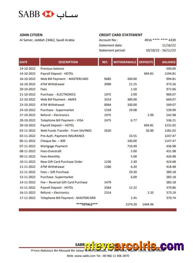 Saudi Arabia SABB Bank Statement Xls Sample