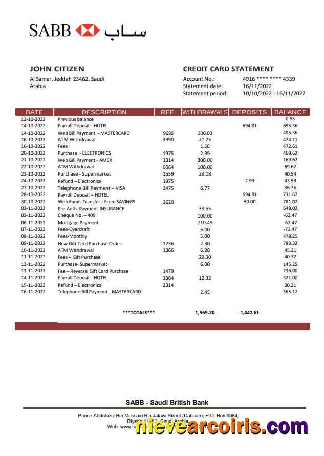 Saudi Arabia SABB Bank Statement Sample