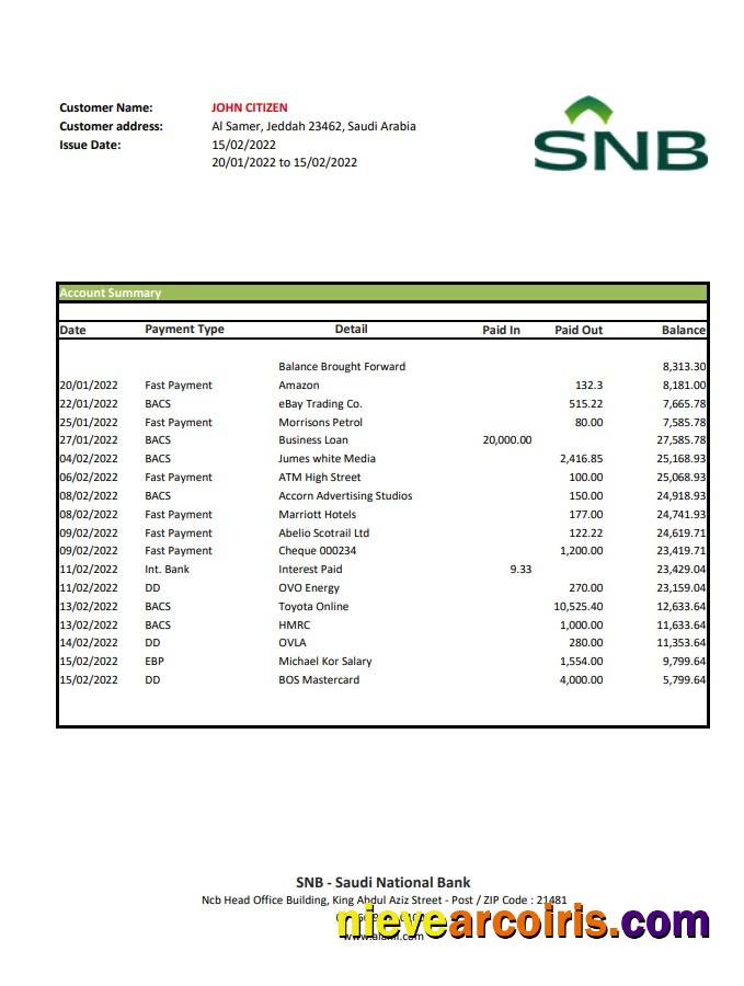 Saudi Arabia SNB Bank Statement Xls Template