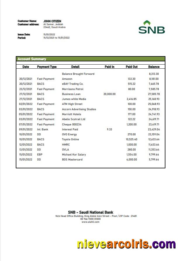 Saudi Arabia SNB Bank Statement Photolook