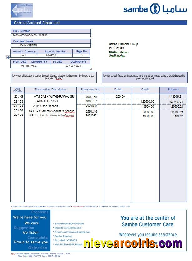 Premium Saudi Arabia Samba Bank Account Statement, Word And PDF Template