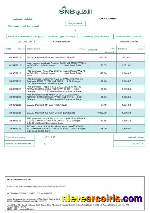 Editable Saudi Arabia Saudi National Bank Statement Word And PDF Template