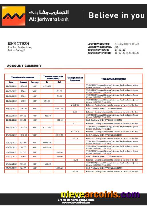 Senegal Attijariwafa Bank Statement Template