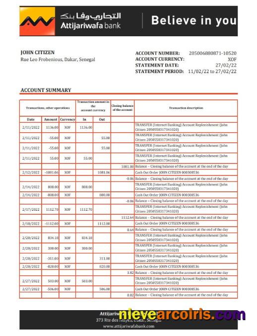 Senegal Attijariwafa Bank Statement Xls Sample