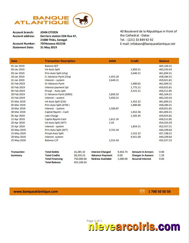 Professional Senegal Banque Atlantique Bank Statement Easy To Fill Template In Word And PDF Format