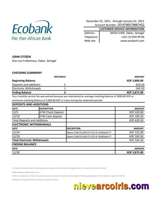 Senegal Ecobank Bank Statement Xls Preview