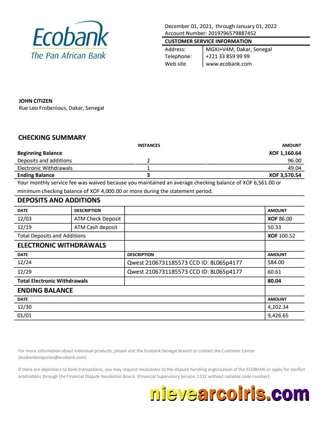 Senegal Ecobank Bank Statement Preview