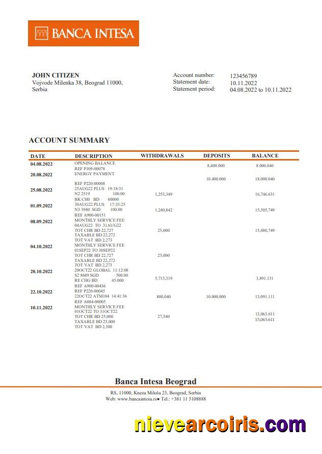Serbia Banca Intesa Bank Statement Preview