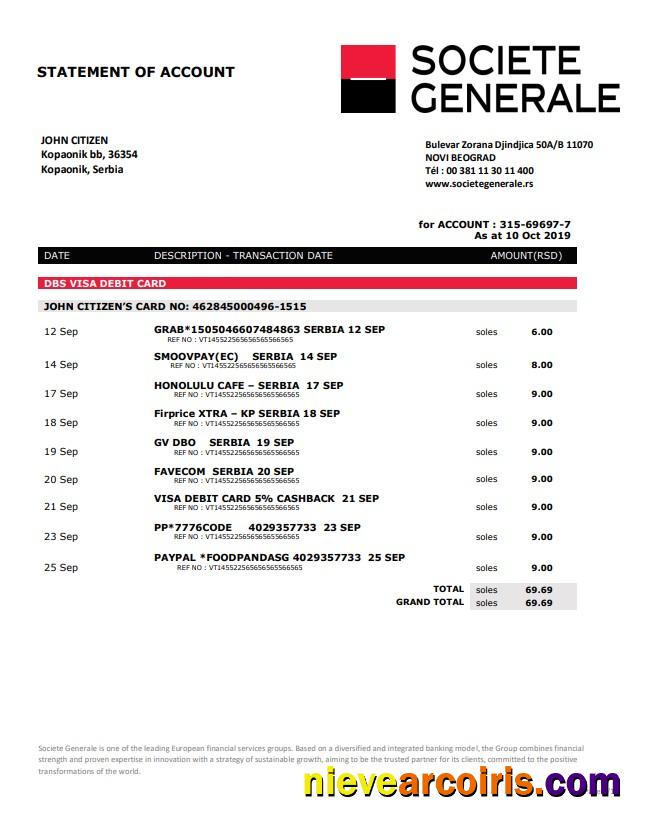 Premium Serbia Societe Generale Bank Proof Of Address Statement Template In Word And PDF Format