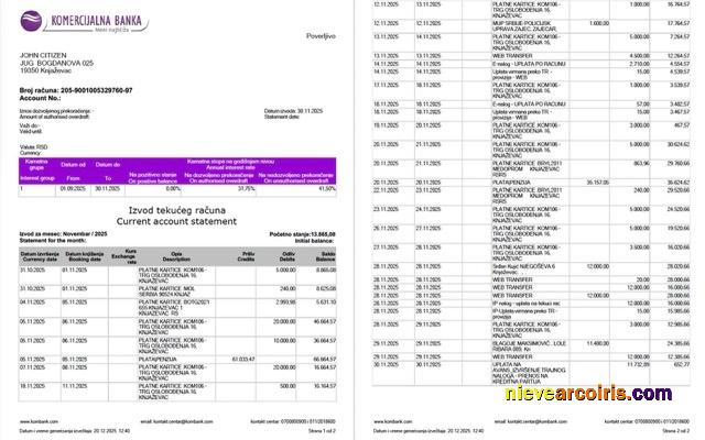 Realistic Serbia Komercijalna Banka Account Statement Word And PDF Template, 2 Pages