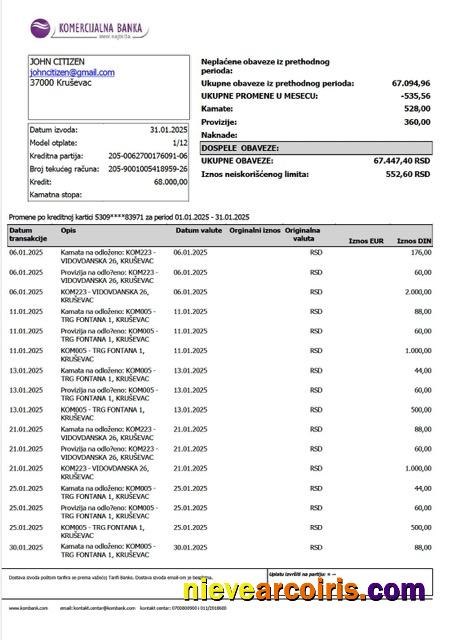 Editable Serbia Komercijalna Banka Account Statement Word And PDF Template