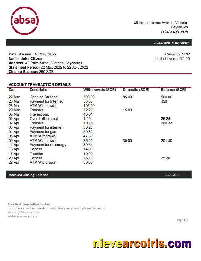 Seychelles ABSA Bank Statement Preview