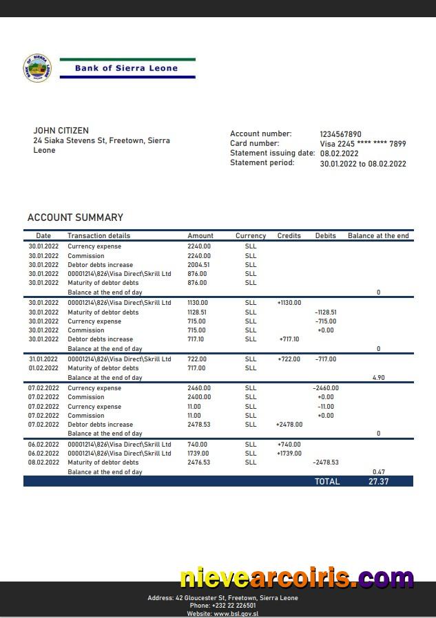 Sierra Leone Bank Of Sierra Leone Bank Statement Template