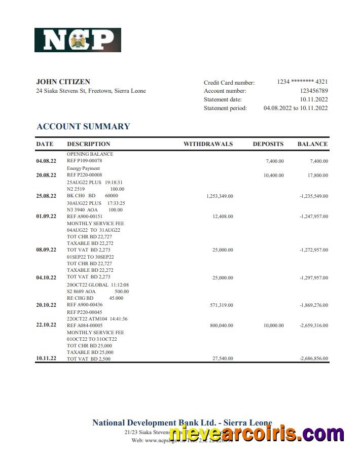 Sierra Leone National Development Bank Statement Xls Preview