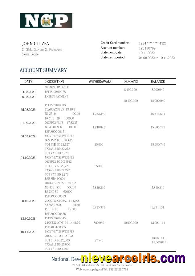 Sierra Leone National Development Bank Statement Sample