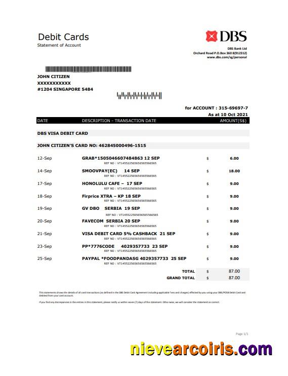 Editable Singapore DBS Bank Proof Of Address Statement Template In .xls And .pdf Format