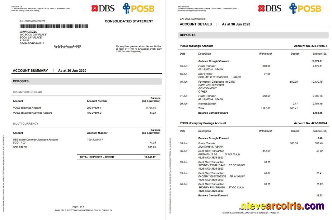 Premium Singapore DBS Bank Proof Of Address Statement Template In Word And PDF Format, 4 Pages