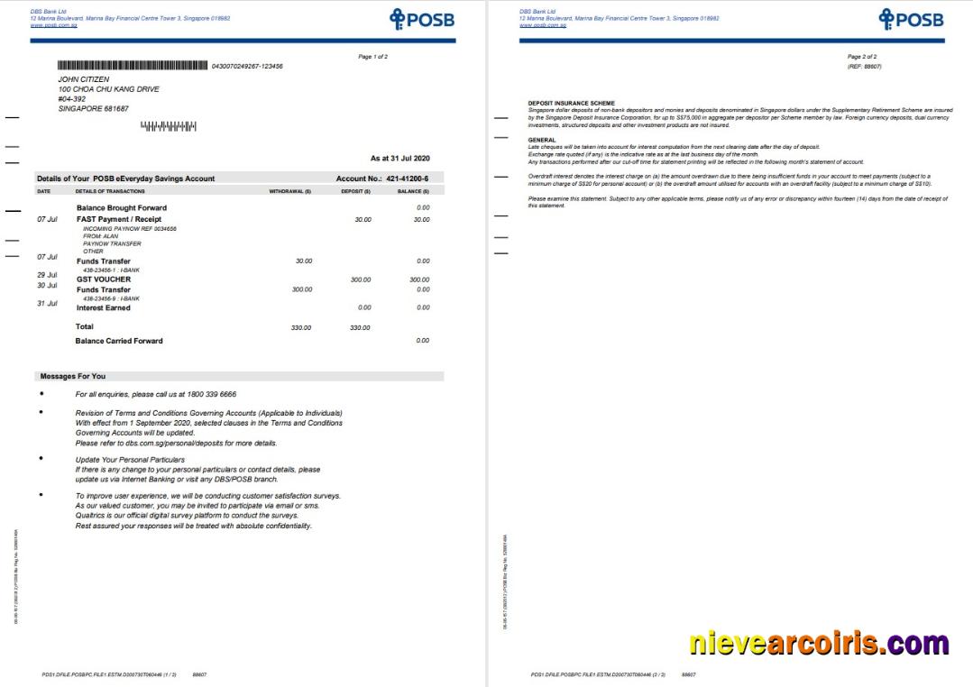 Premium Singapore DBS Bank Statement Template In Word And PDF Format, 2 Pages