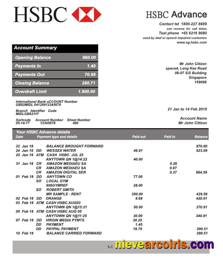 Professional Singapore HSBC Bank Statement Template Fully Editable In PSD Format