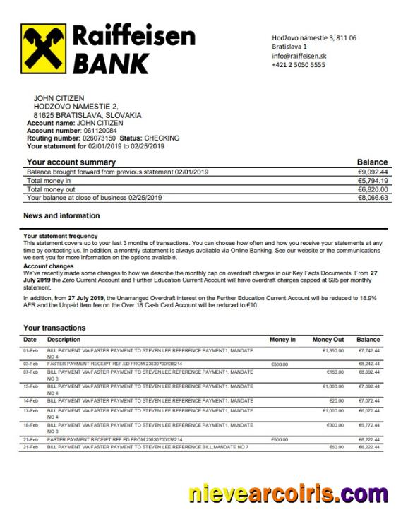 Slovakia Raiffeisen Bank Statement Preview