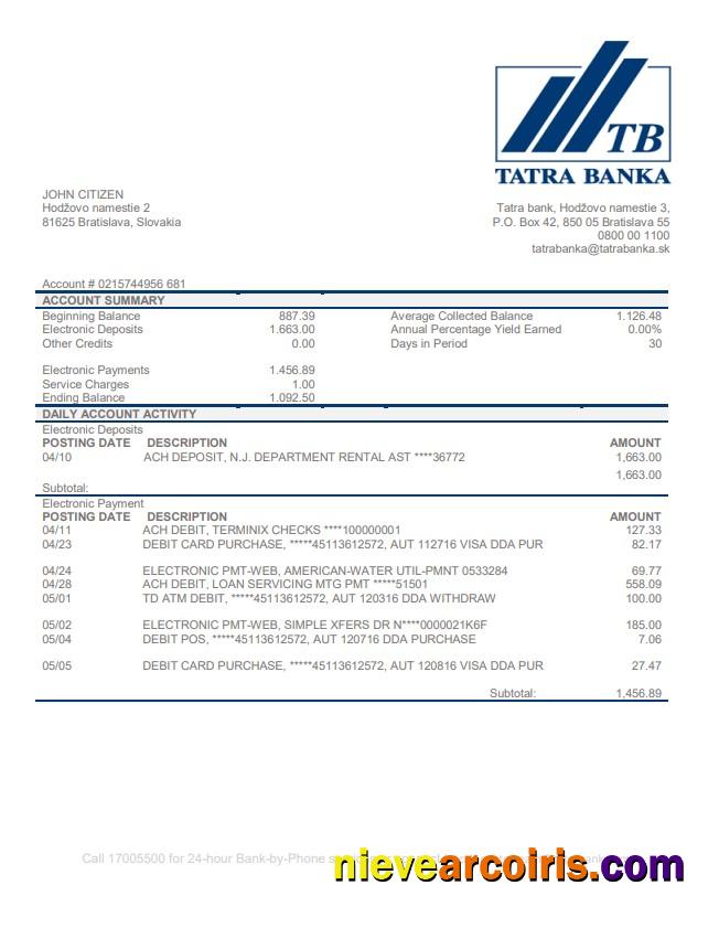 Premium Slovakia Tatra Bank Proof Of Address Statement Template In Word And PDF Format