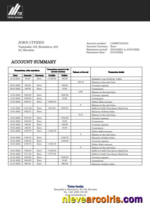 Slovakia Tatra Bank Statement Template