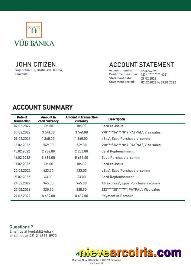 Slovakia VUB Bank Statement Template