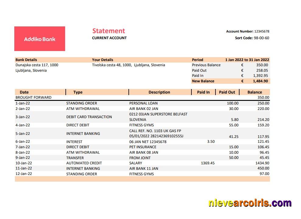 Slovenia Addiko Bank Statement Xls Template