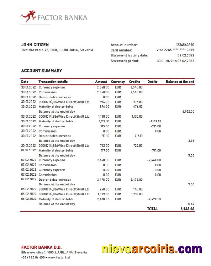 Slovenia Factor Banka Bank Statement Xls Sample