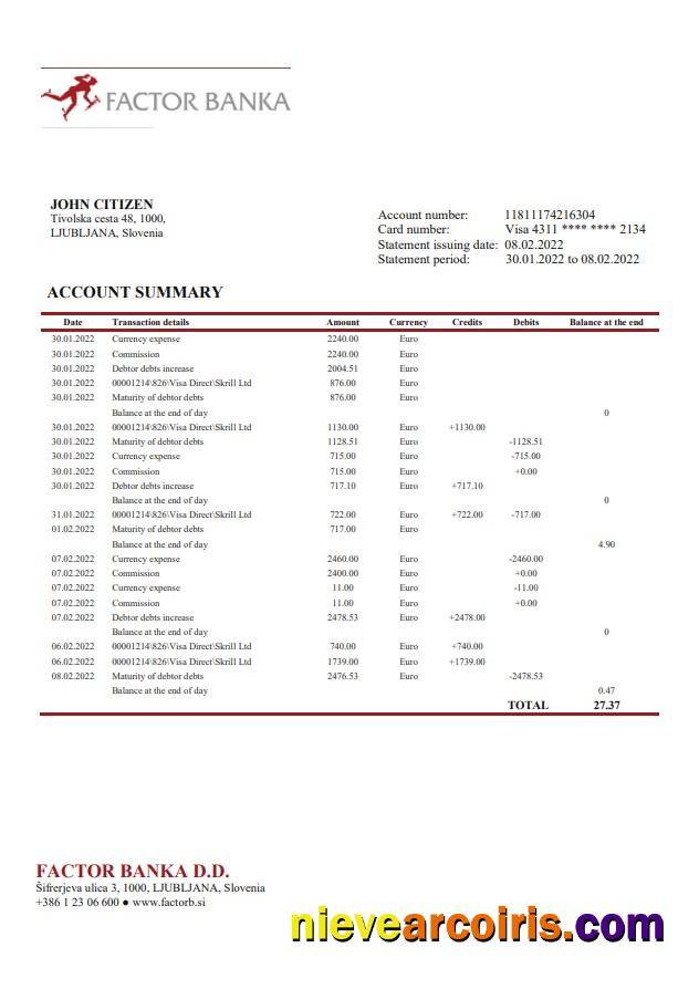 Slovenia Factor Banka Bank Statement Template