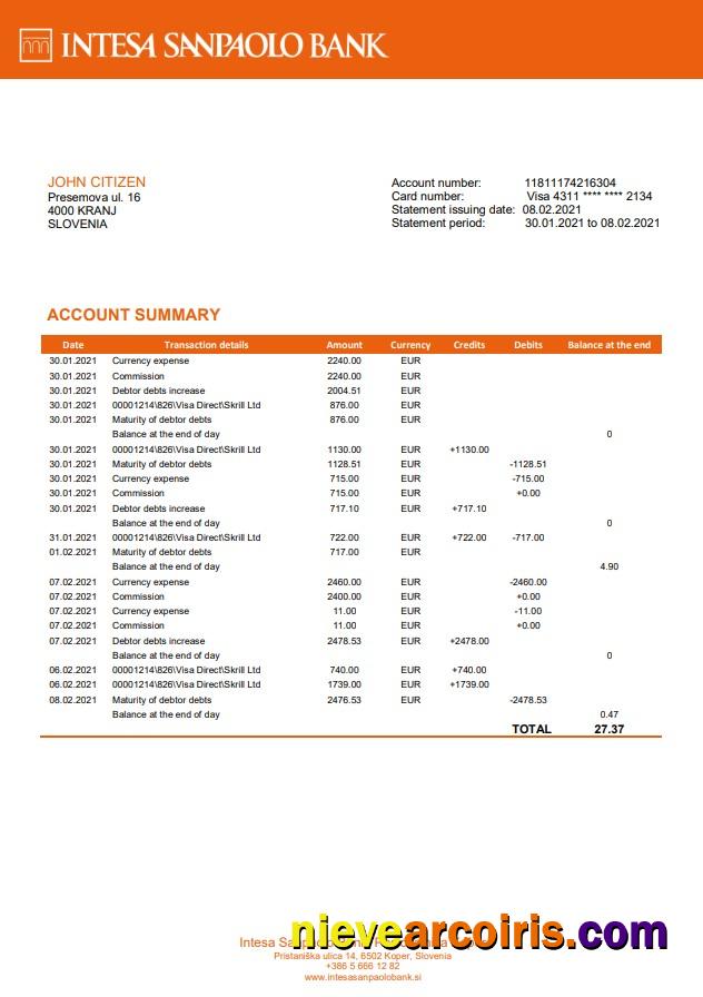 Premium Slovenia Intesa Sanpaolo Bank, Poslovalnica Koper Bank Statement Template In Word And PDF Format