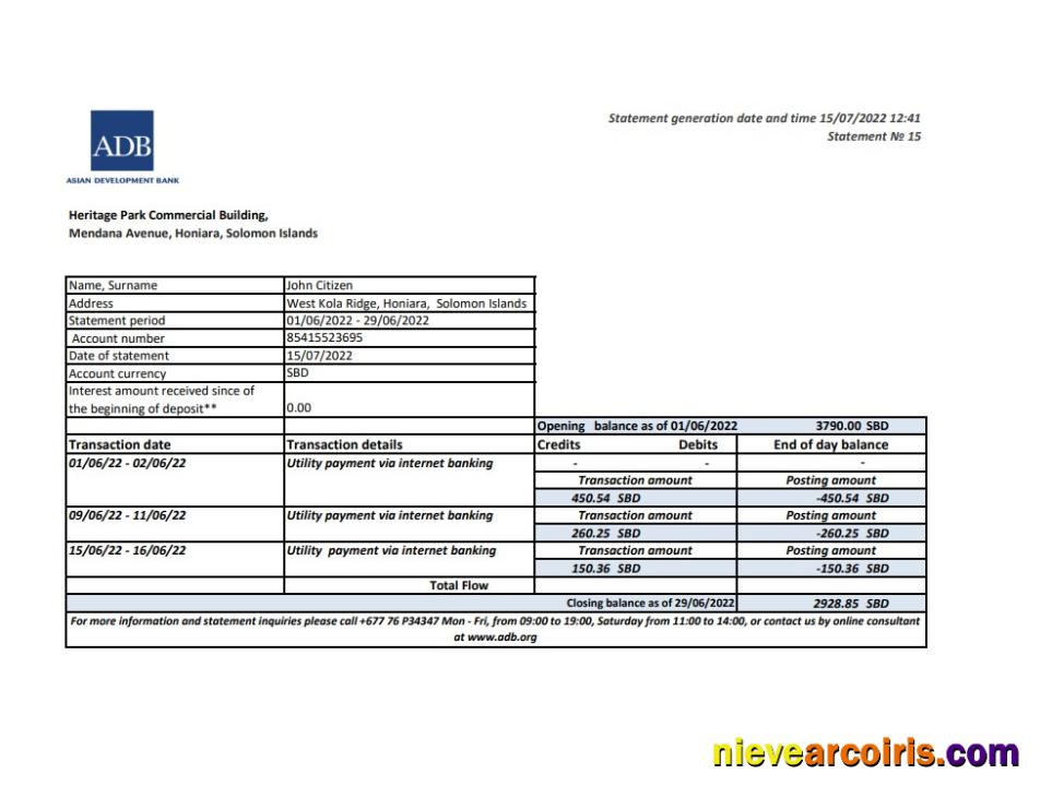 Professional Solomon Islands ADB Bank Statement, Excel And PDF Template