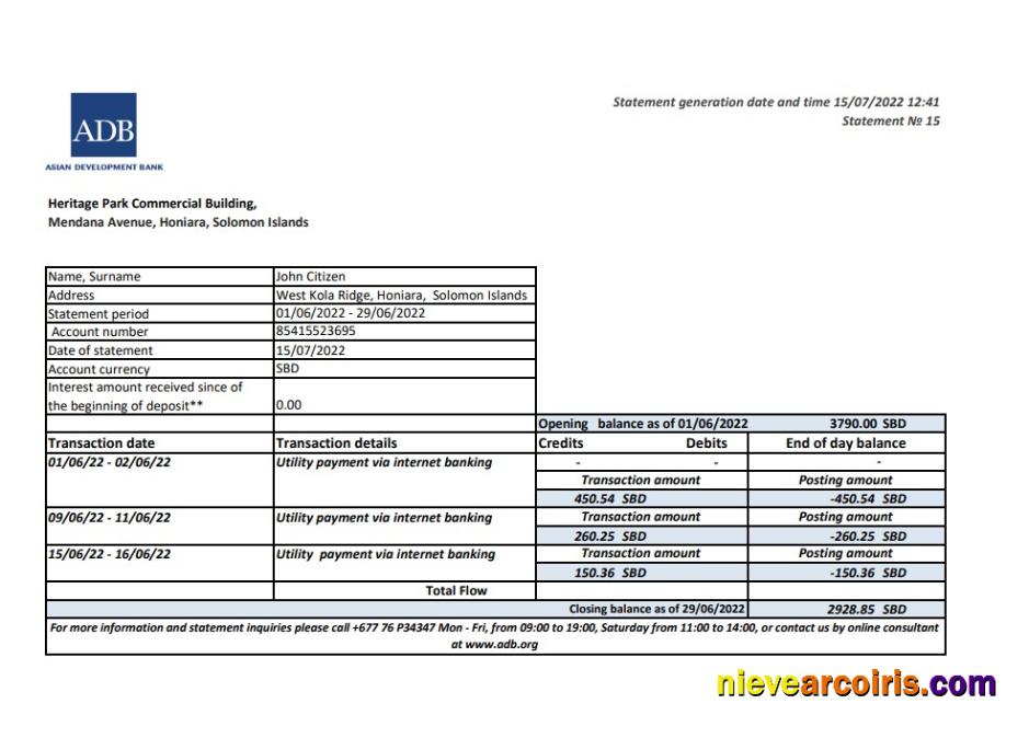 Solomon Islands ADB Bank Statement Preview