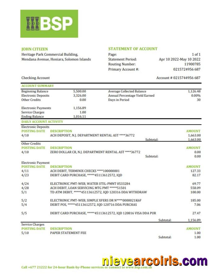Solomon Islands BSP Bank Statement Xls Preview