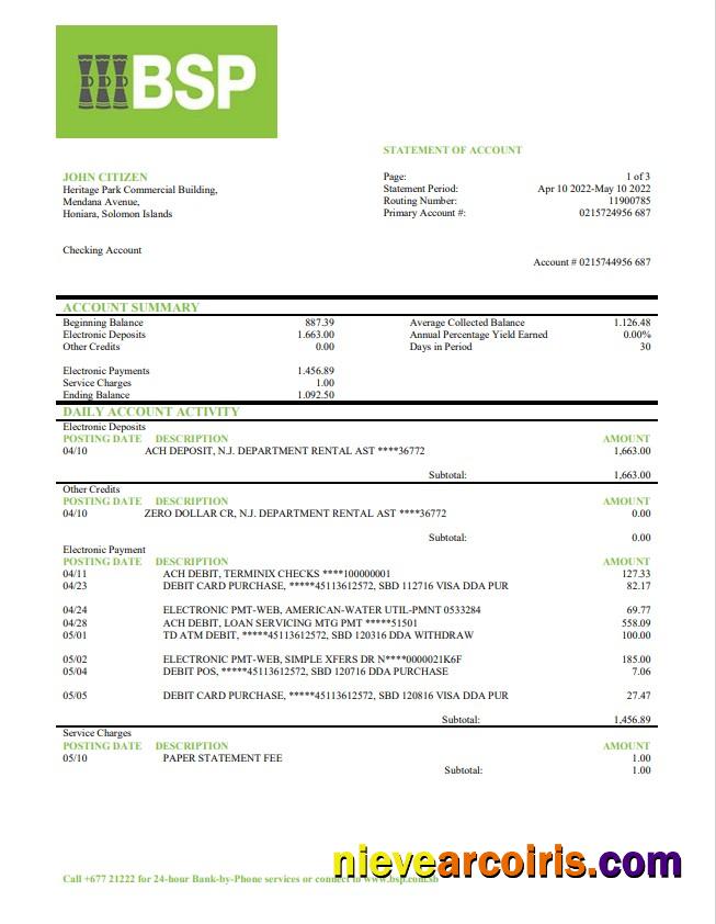 Solomon Islands BSP Bank Statement Template