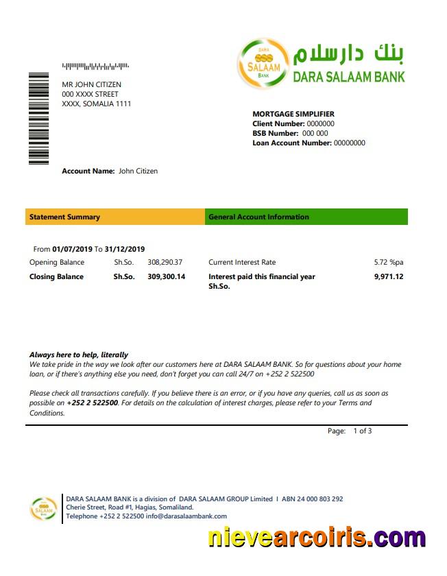 Professional Somalia Dara Salaam Bank Statement Template In Word And PDF Format, Good For Address Prove