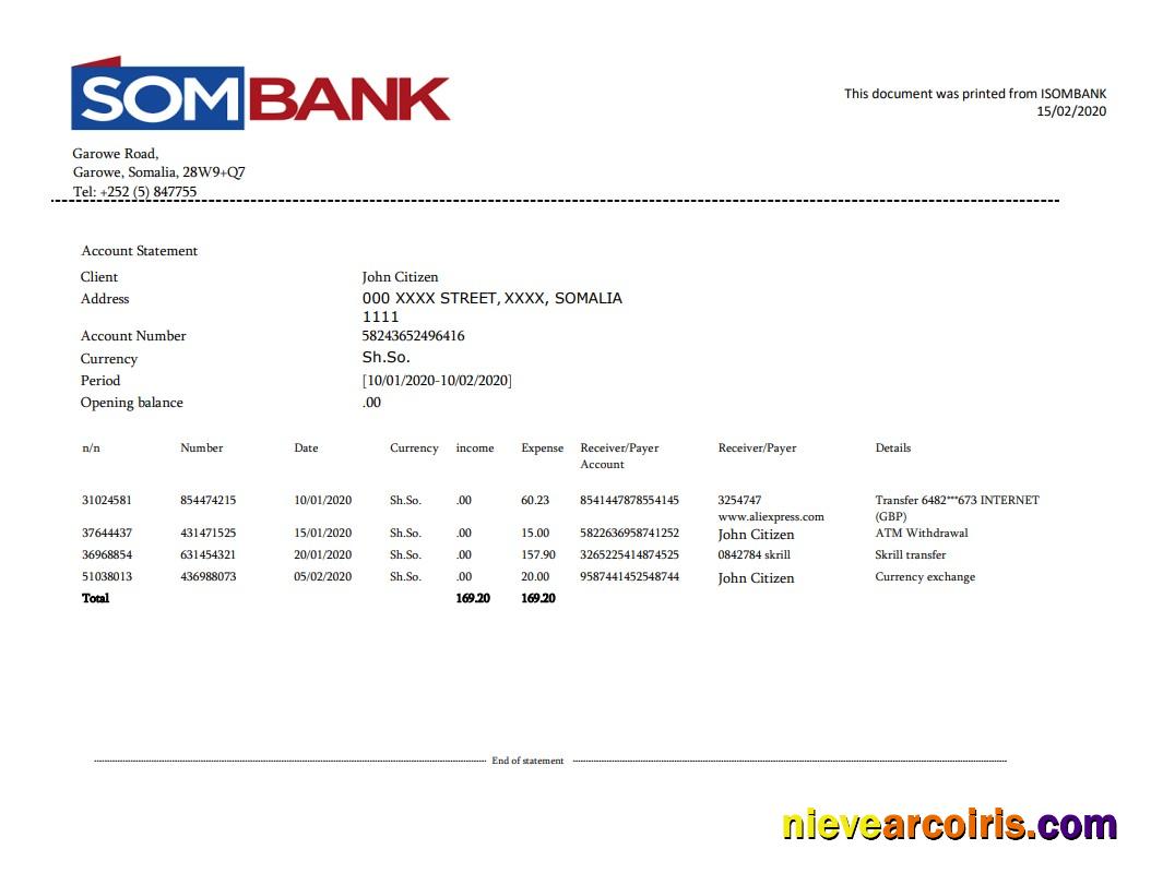 Professional Somalia Sombank Bank Statement Template In Word And PDF Format