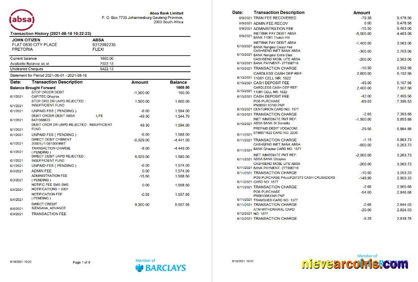 South Africa ABSA 9 Pages Excel Pdf Sample
