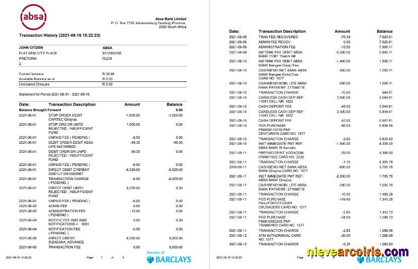 Editable South Africa ABSA Bank Statement Easy To Fill Template In Word And PDF Format (9 Pages)