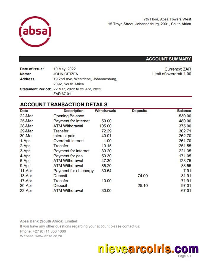 South Africa ABSA Bank Statement Xls Sample
