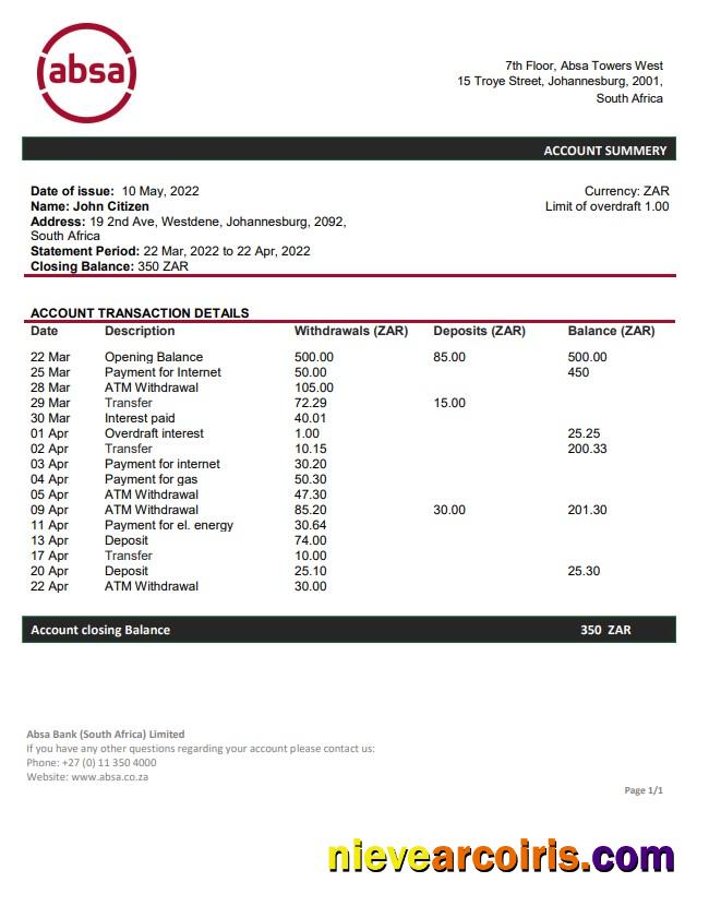 South Africa ABSA Bank Statement Template