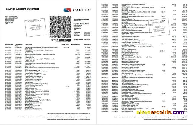 Editable South Africa Capitec Bank Account Statement Word And PDF Template, 2 Pages