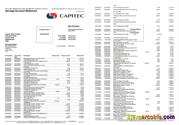 South Africa Capitec Bank Savings Account Statement 4 Pages Preview