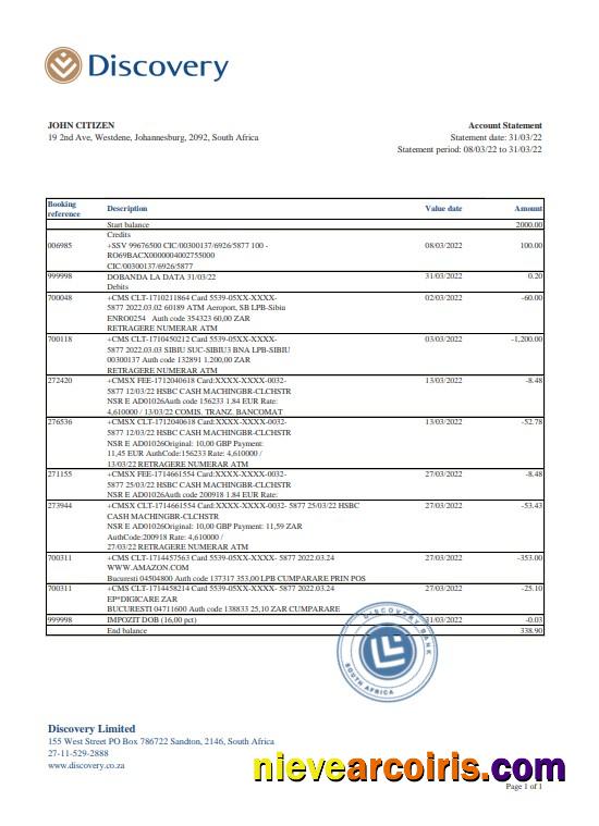 Professional South Africa Discovery Bank Statement, Excel And PDF Template
