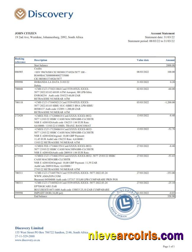 South Africa Discovery Bank Statement Sample